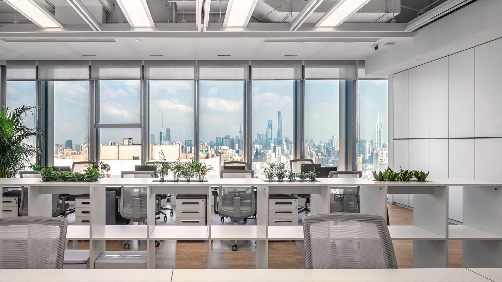 Minimalist interior of Super Natural WPP Office in Shanghai with skyline view of Shanghai Tower – designed by Di Nicola Design Studio.