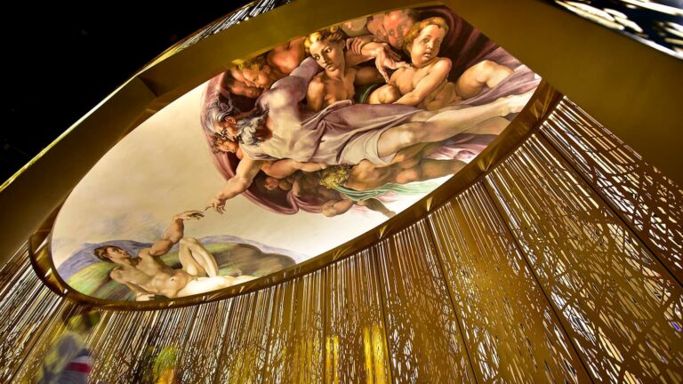 Ceiling artwork and architectural details inside the Holy See Pavilion designed by Di Nicola Design Studio for Expo 2020 Dubai.