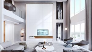 Interior design of Suzhou Penthouse double-height living space by DINICOLADESIGN with white finishes and copper accents in a bespoke residential project