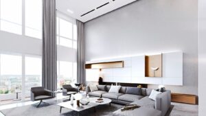 Interior design of Suzhou Penthouse double-height living space by DINICOLADESIGN with exposed concrete structure and copper finishes in a bespoke residential project