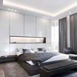 Minimalist bedroom interior of Suzhou Penthouse designed by DINICOLADESIGN with light white finishes and bespoke residential detailing