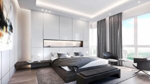 Minimalist bedroom interior of Suzhou Penthouse designed by DINICOLADESIGN with light white finishes and bespoke residential detailing