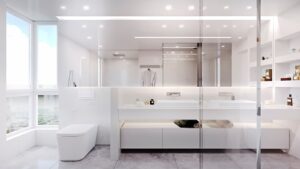 Suzhou Penthouse bathroom interior design by DINICOLADESIGN featuring white marble and bespoke Italian-made finishes