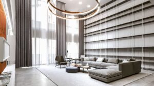 Suzhou Penthouse double-height living room designed by DINICOLADESIGN featuring concrete surfaces and copper details