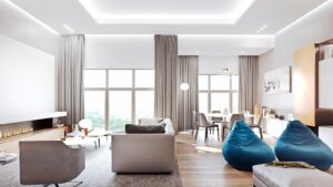 Interior design of Suzhou Penthouse living space by DINICOLADESIGN with grey palette, wood finishes, and copper accents in a bespoke residential project